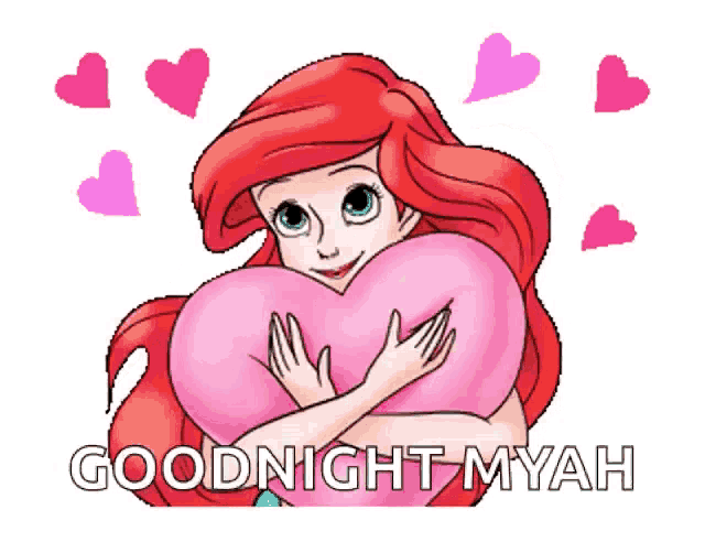 ariel from the little mermaid is hugging a heart shaped pillow with the words goodnight myah below her