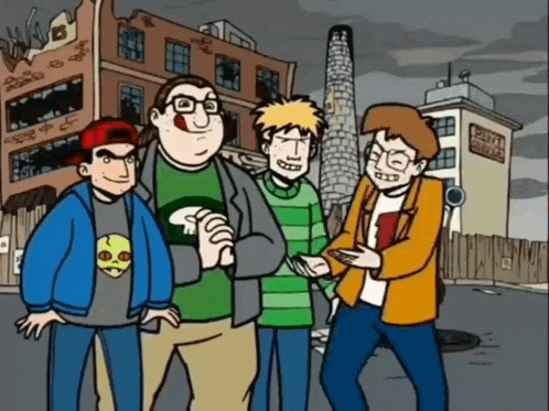a group of cartoon characters are standing in front of a building that says ' smith brothers ' on it