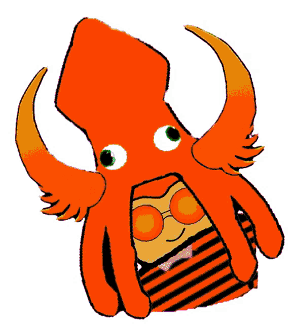 a cartoon drawing of a green squid wearing glasses