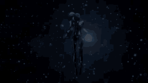 a woman in a futuristic suit is flying through the air in a space background .