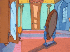 a cartoon drawing of a mirror in a room