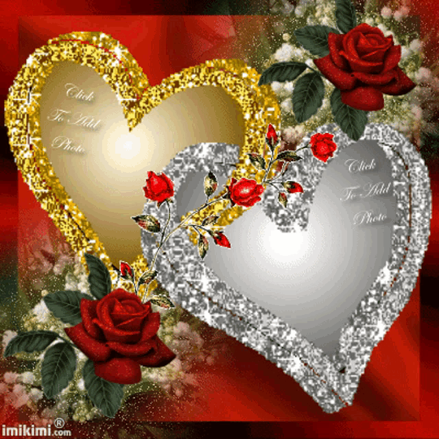 a picture of two hearts with red roses and the words click to add photo on the bottom