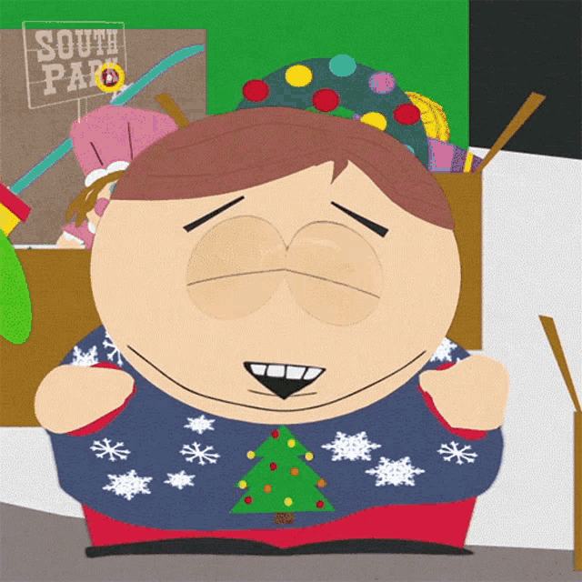 a cartoon character from south park wearing a sweater with a christmas tree on it