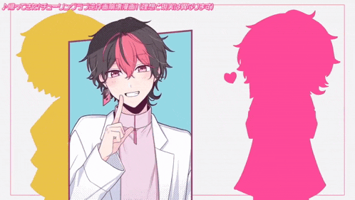 a drawing of a boy with red and black hair and a pink silhouette