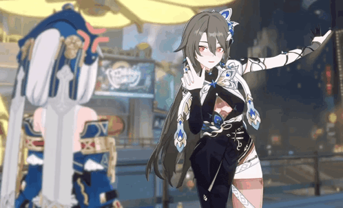 a girl with long hair is standing in front of a building