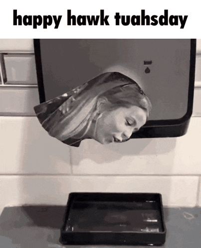 a black and white photo of a woman with the words happy hawk tuahsday at the top