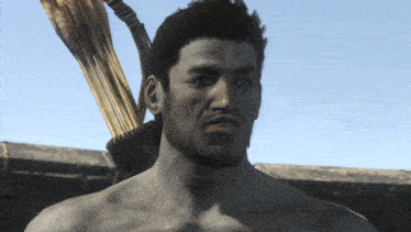 a man without a shirt has a bow and arrow around his neck