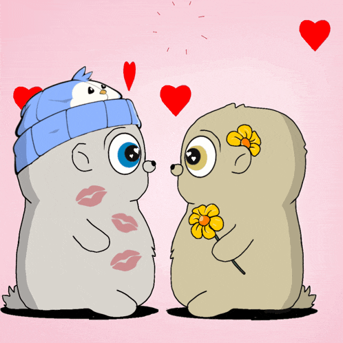 a couple of cartoon characters are kissing each other with hearts in the background