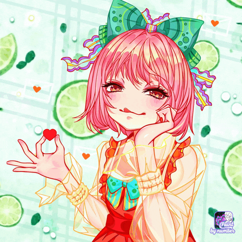 a drawing of a girl with pink hair holding a red heart