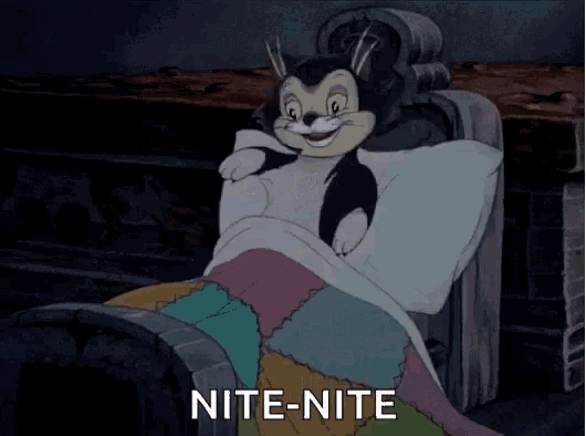 a cartoon character is laying on a bed with the word nite-nite written on the bottom