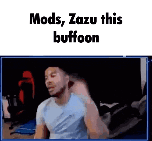 a man in a blue shirt is standing in front of a screen that says mods , zazu this buffoon