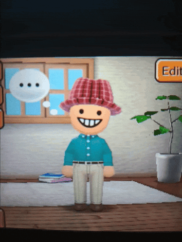 a cartoon character wearing a red hat and a blue shirt is standing in front of an orange edit button