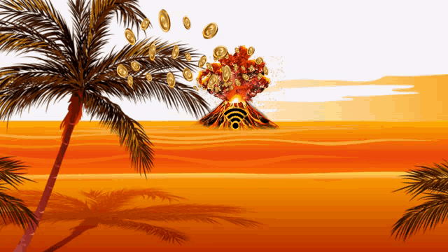 a cartoon illustration of a volcano with coins falling from it