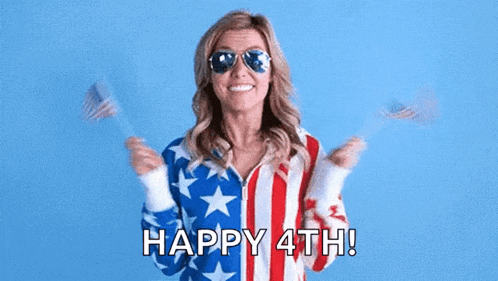 a woman wearing an american flag sweater and sunglasses is holding two american flags and saying happy 4th .
