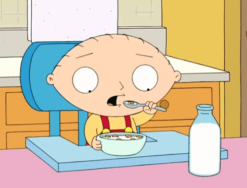 a cartoon character is eating cereal with a spoon