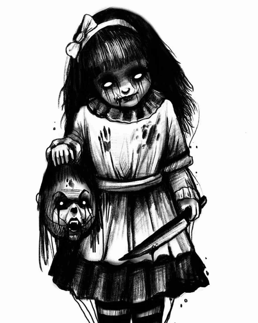a black and white drawing of a girl holding a knife