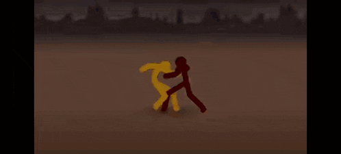 a yellow and red cartoon character standing next to each other