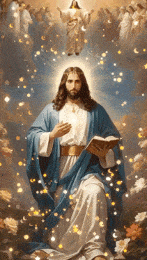 a painting of jesus in a blue robe holding a bible