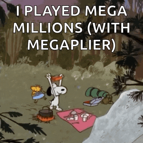 a cartoon of snoopy and woodstock having a picnic with the caption i played mega millions