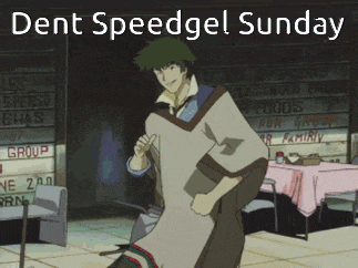 a cowboy bebop character is standing in front of a sign that says dent speedgel sunday