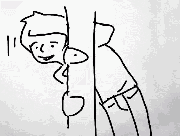 a black and white drawing of a man peeking around a wall .