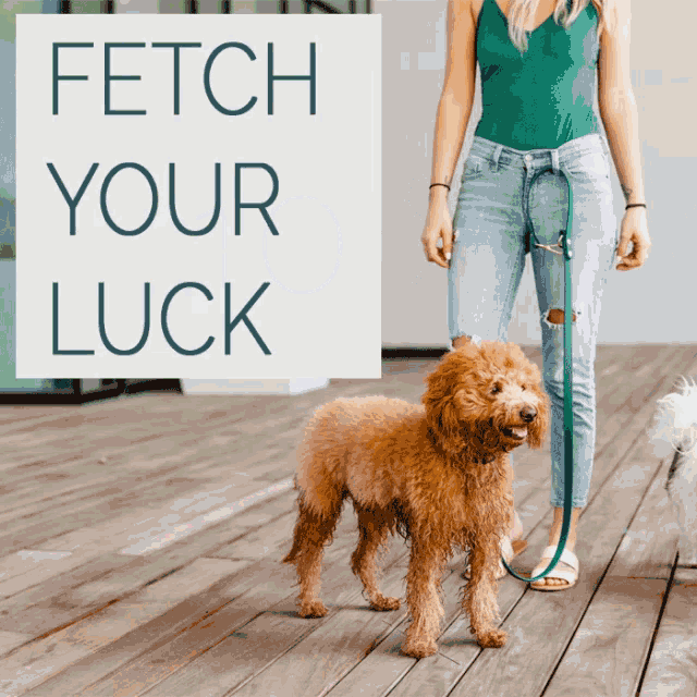 a woman walking a dog on a leash with the words " fetch your luck " behind her