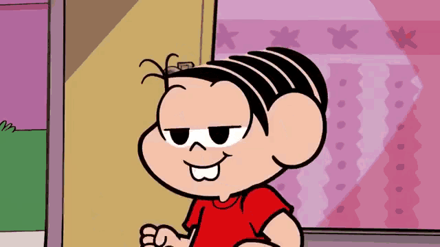 a cartoon character with a red shirt and black hair is smiling