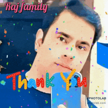 a picture of a man holding a cell phone with the words raj family written above him