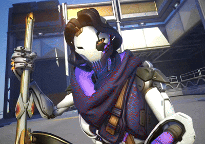 a robot with a purple scarf around its neck holds a sword