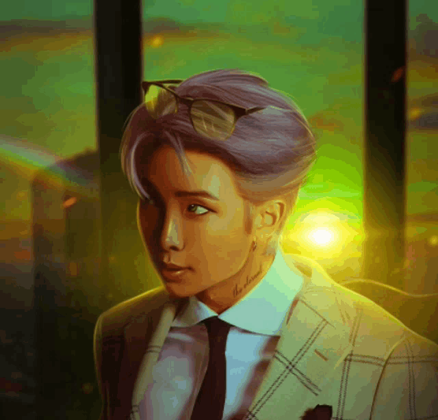 a painting of a man in a suit and tie with a tattoo on his neck that says " i love you "