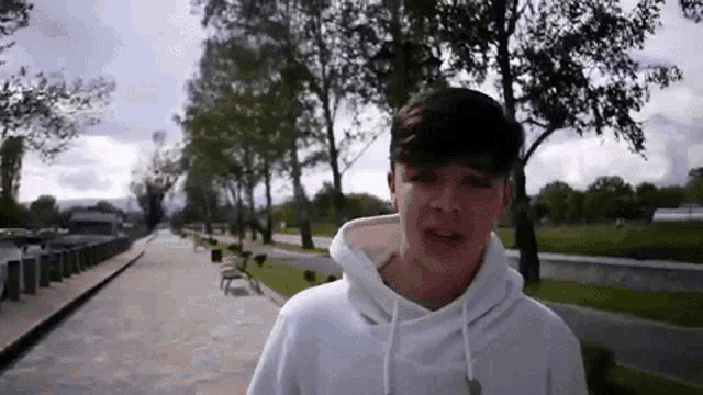 a young boy wearing a white hoodie is standing in a park .