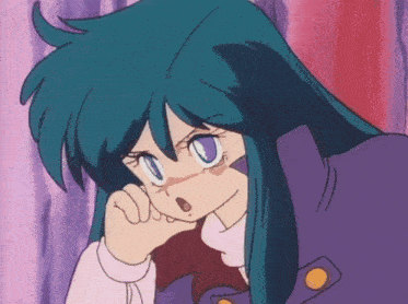 a cartoon girl with blue hair and a purple jacket has a surprised look on her face