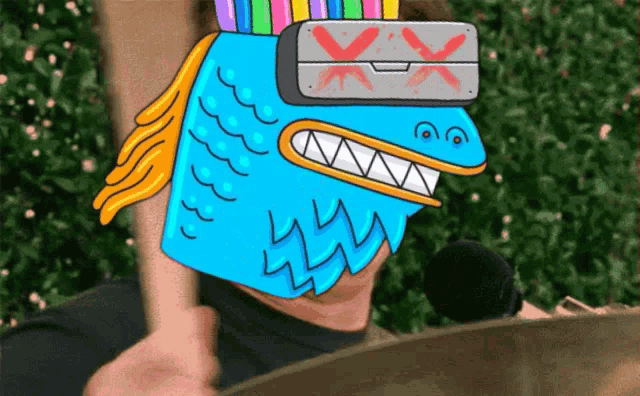 a cartoon of a man wearing a fish mask with a red x on it