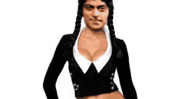 a woman in a braided wig is standing next to a man in a black shirt .
