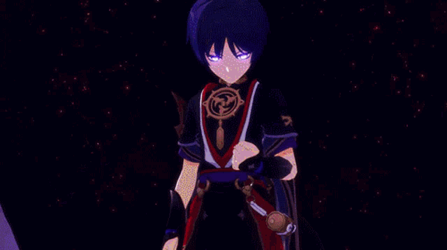 a person is standing in a dark room with a purple and white background
