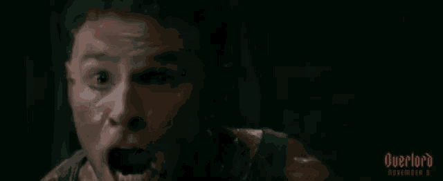a close up of a man 's face with the word overlord in red