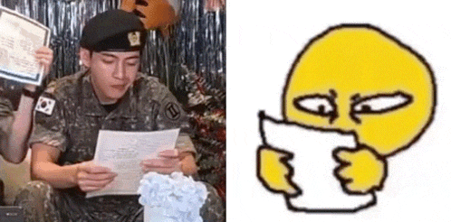 a man in a military uniform is reading a piece of paper next to a cartoon of a man reading a piece of paper .