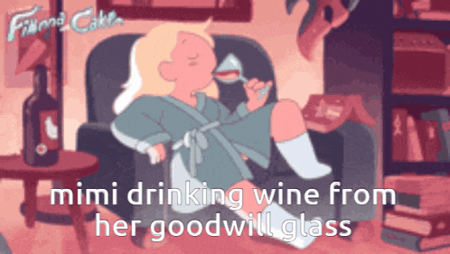 a cartoon of a girl drinking wine from a goodwill glass