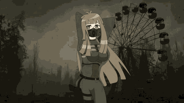 a cartoon of a girl wearing a gas mask standing in front of a ferris wheel