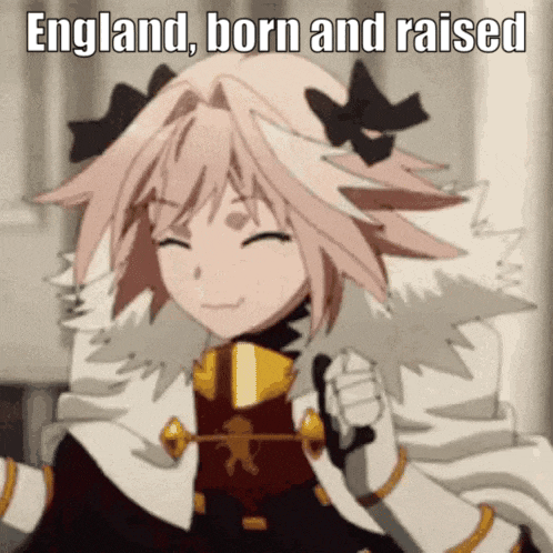 a girl with pink hair is holding a sword and smiling with the caption england born and raised .