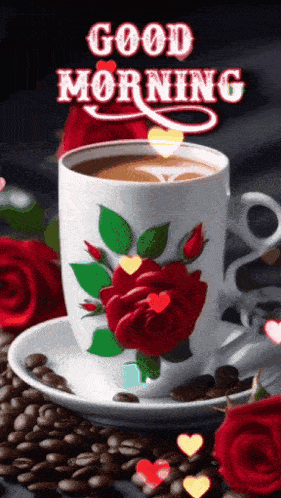 a cup of coffee with roses on it is on a saucer next to coffee beans .