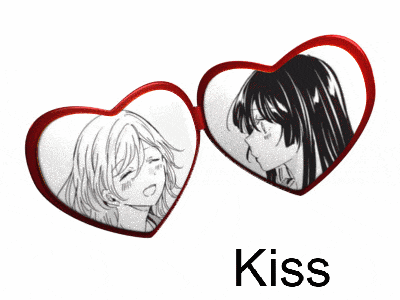 a couple of hearts with the word kiss in the middle