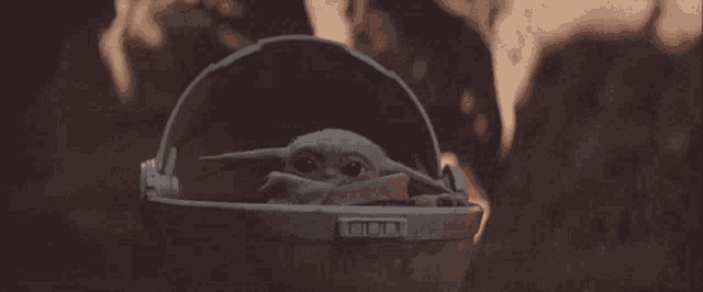 a baby yoda is sitting in a bucket with a sticker that says ' yoda ' on it