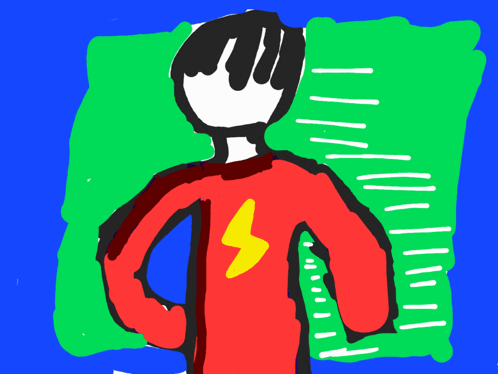 a drawing of a person wearing a red sweater with a lightning bolt on it