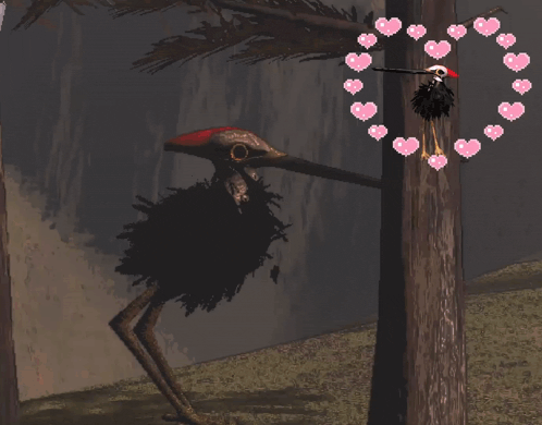 a bird standing next to a tree with a heart around it