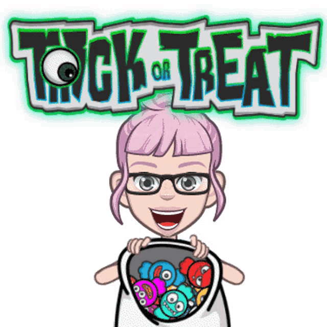 a cartoon girl is holding a bucket full of candy and the words trick or treat are above her