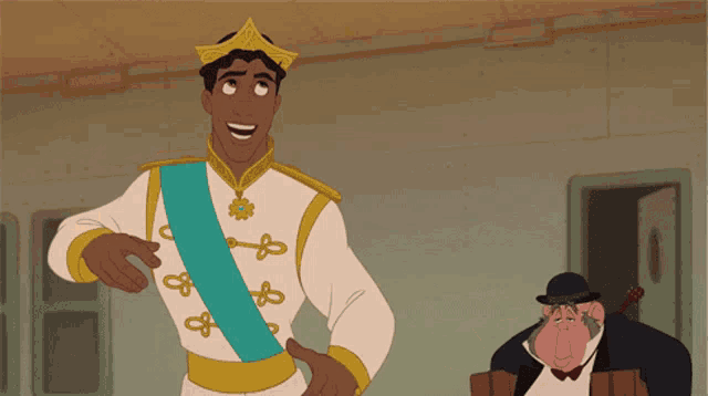 a man with a crown on his head is standing next to a man in a tuxedo