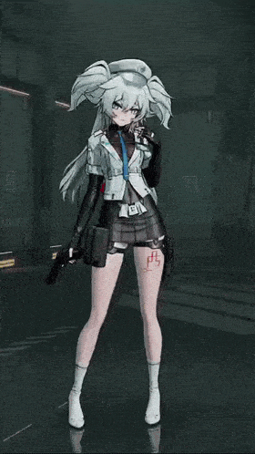 a girl with white hair is holding a gun in her hand