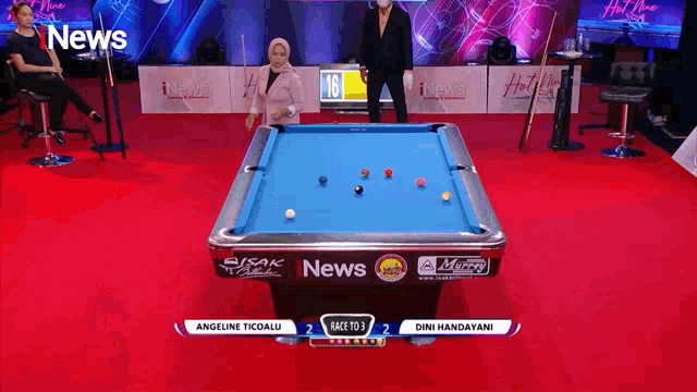 a pool table with the word news on the side