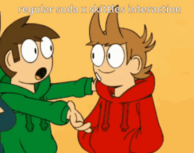 two cartoon characters shaking hands with the words regular soda x skittles interaction on the bottom